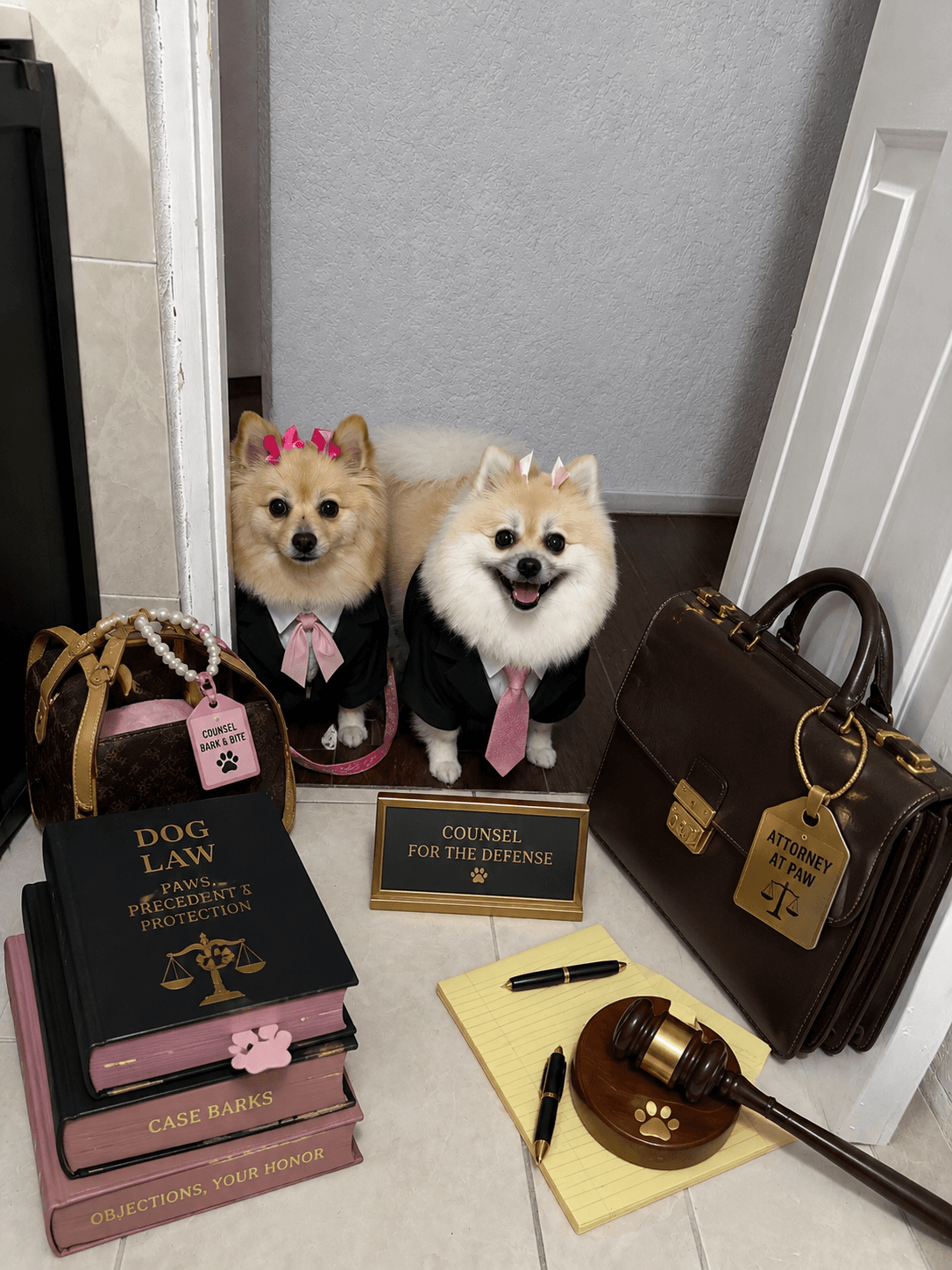 Coco and Chloe, the firm's two Pomeranians, dressed in suits and ties behind toy law books and a gavel